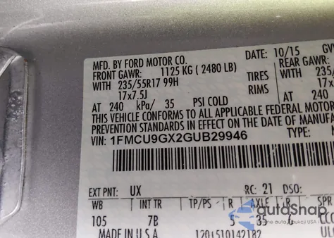 2016 Ford Escape Se z USA, uszkodzony, nr VIN 1FMCU9GX2GUB29946